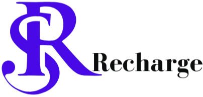 Company logo, a white background with blue and green abstract shapes and text 'SR Recharge' in blue